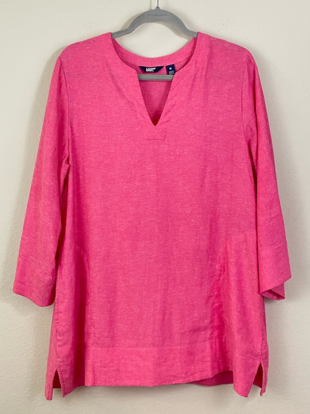Lands' End Bright Pink Split-Neck Linen Blend Popover Tunic Top Size Medium